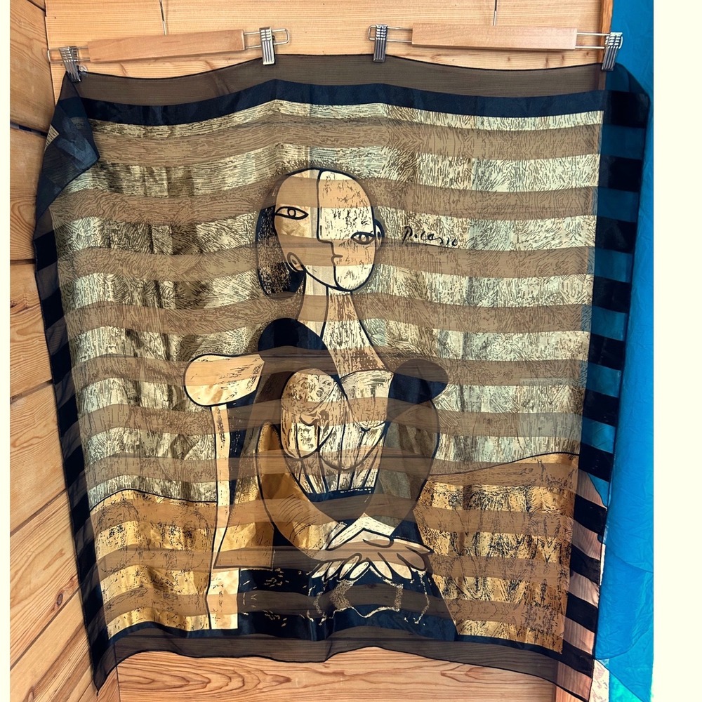 Picasso Print Cubist Portrait Scarf Gold Black Striped Sheer‎ Art Scarf Square